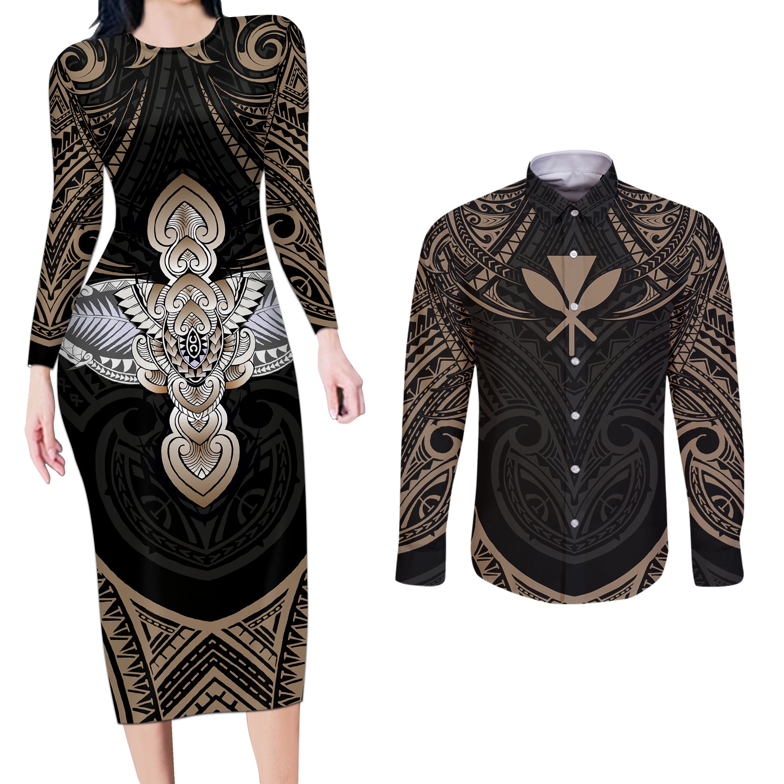 Polynesian Hawaii Tattoo Couples Matching Long Sleeve Bodycon Dress and Long Sleeve Button Shirts - Wonder Print Shop