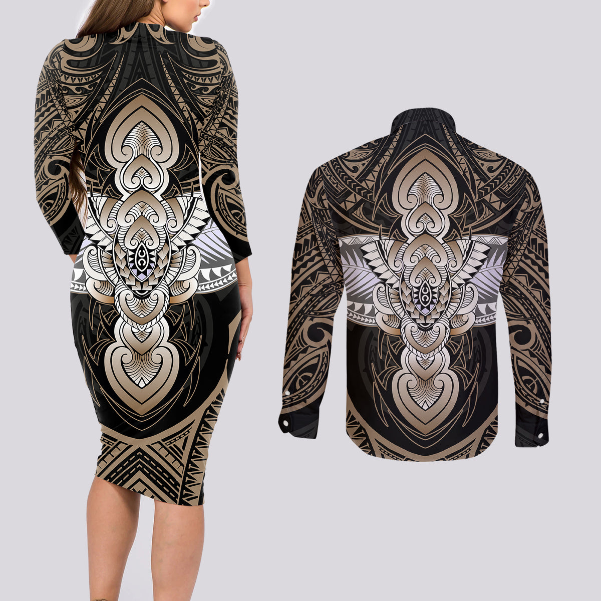 Polynesian Hawaii Tattoo Couples Matching Long Sleeve Bodycon Dress and Long Sleeve Button Shirts - Wonder Print Shop