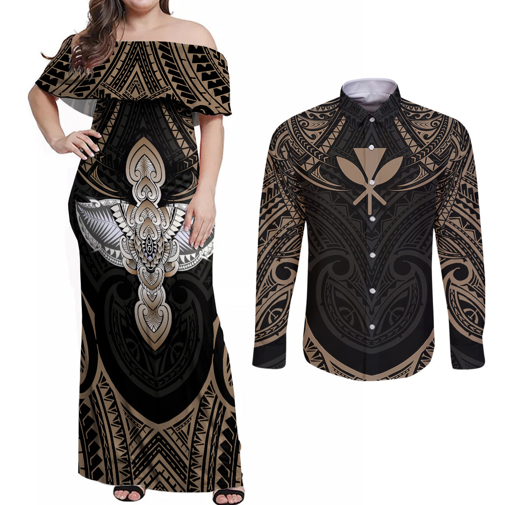 Polynesian Hawaii Tattoo Couples Matching Off Shoulder Maxi Dress and Long Sleeve Button Shirts - Wonder Print Shop