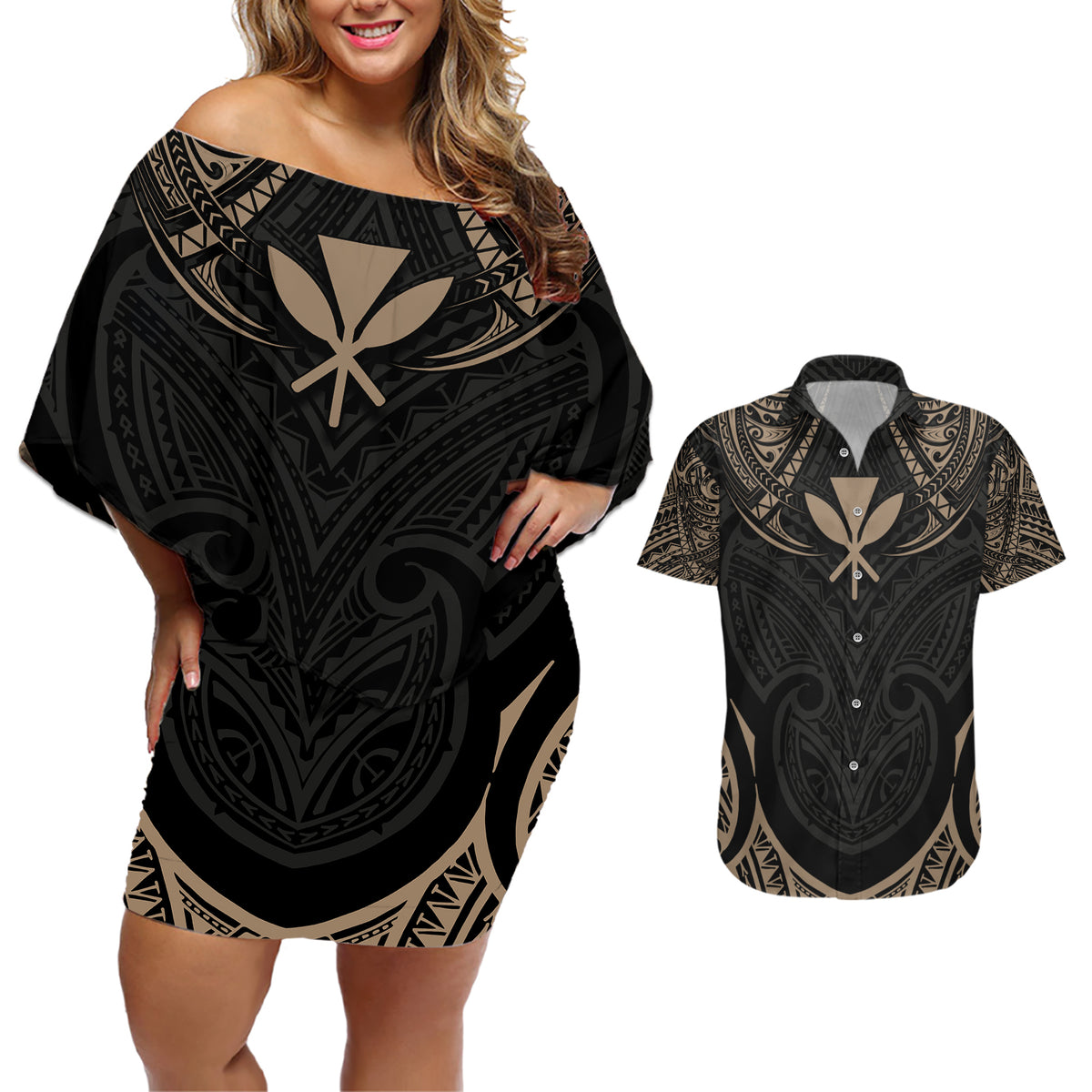 Polynesian Hawaii Tattoo Couples Matching Off Shoulder Short Dress and Hawaiian Shirt - Wonder Print Shop
