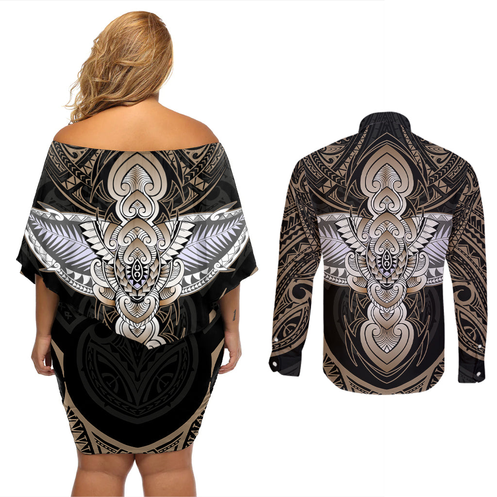 Polynesian Hawaii Tattoo Couples Matching Off Shoulder Short Dress and Long Sleeve Button Shirts - Wonder Print Shop