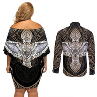 Polynesian Hawaii Tattoo Couples Matching Off Shoulder Short Dress and Long Sleeve Button Shirts - Wonder Print Shop