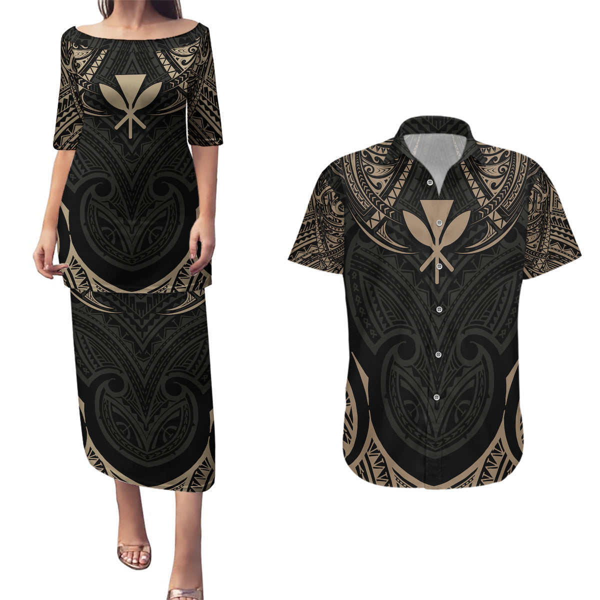 Polynesian Hawaii Tattoo Couples Matching Puletasi Dress and Hawaiian Shirt - Wonder Print Shop