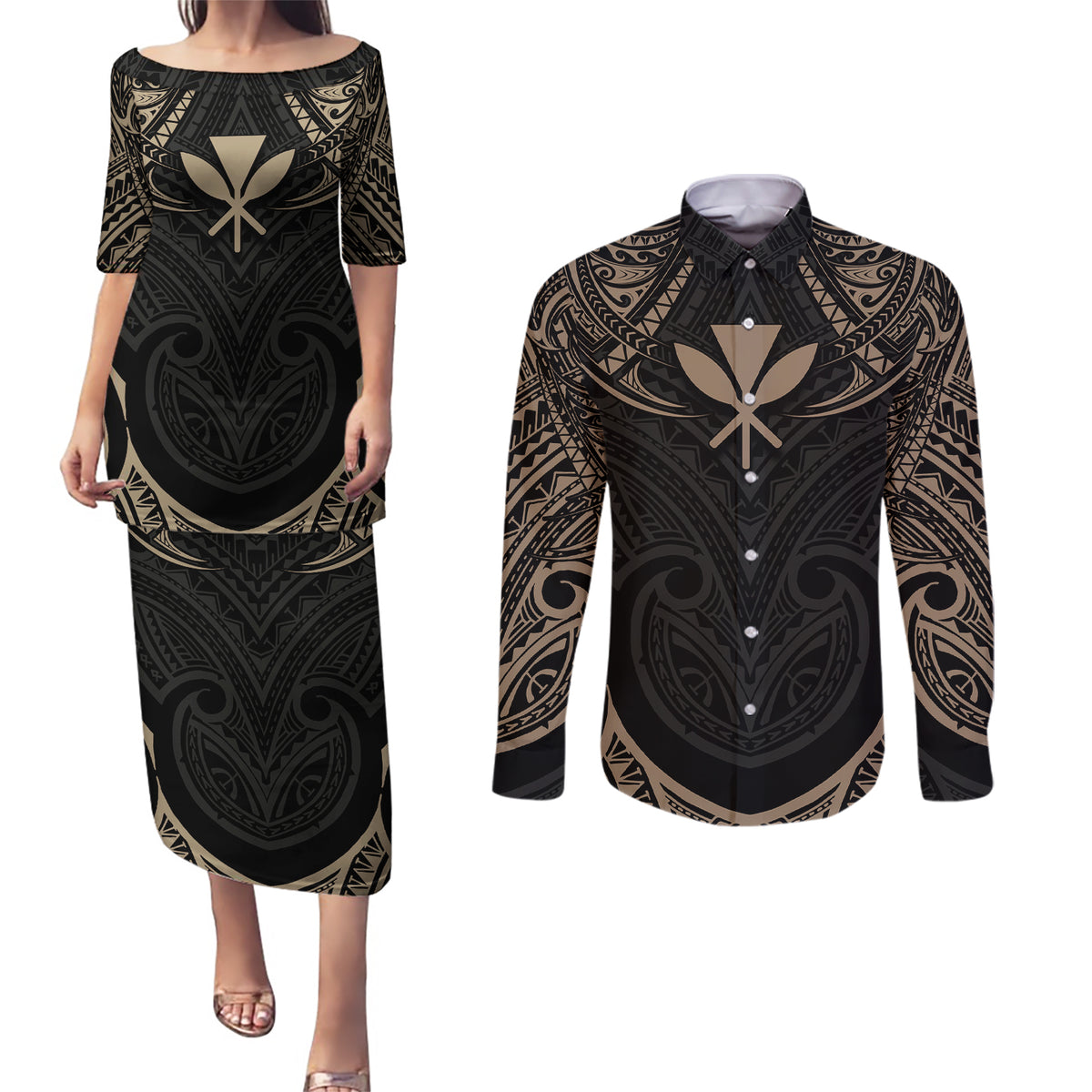 Polynesian Hawaii Tattoo Couples Matching Puletasi Dress and Long Sleeve Button Shirts - Wonder Print Shop