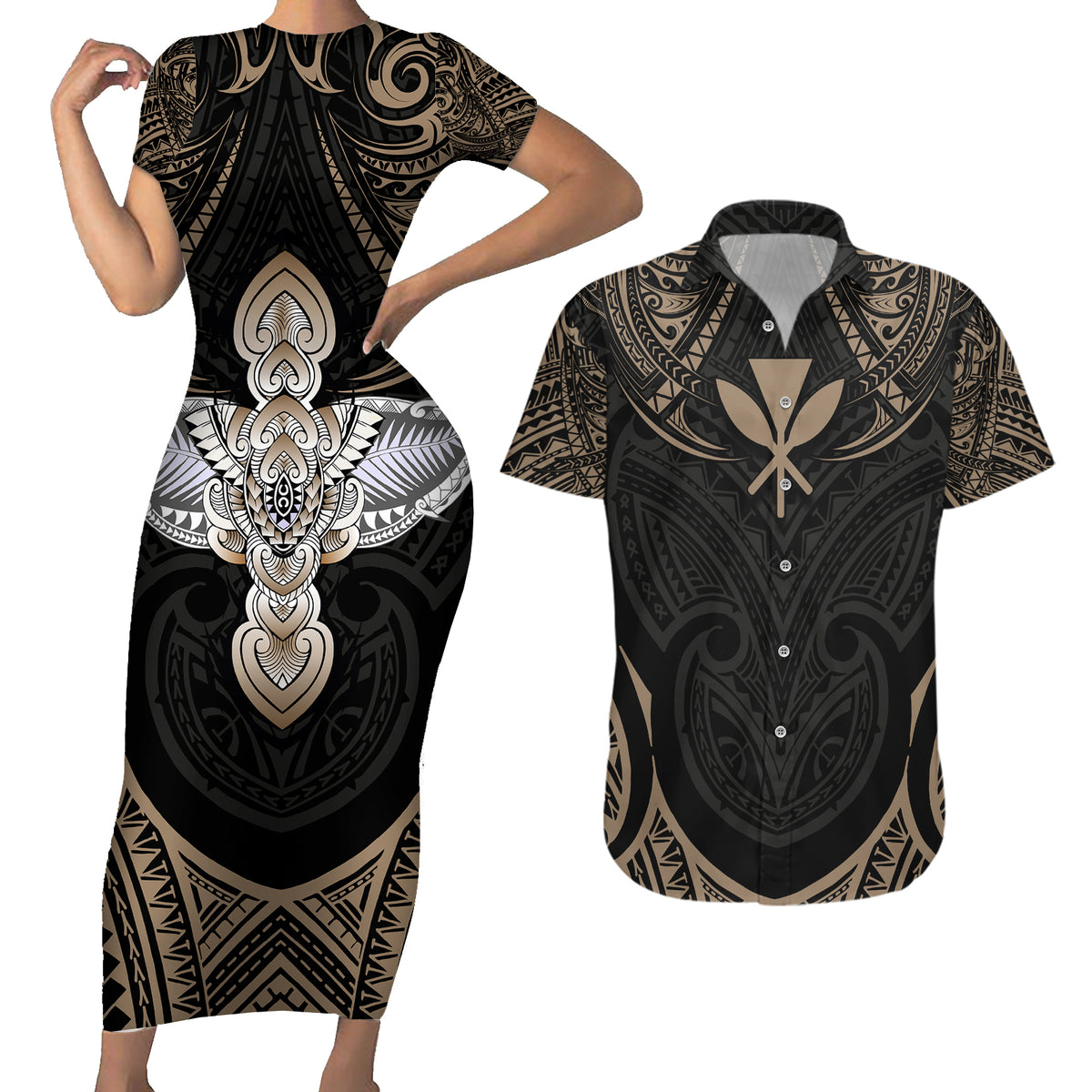 Polynesian Hawaii Tattoo Couples Matching Short Sleeve Bodycon Dress and Hawaiian Shirt - Wonder Print Shop