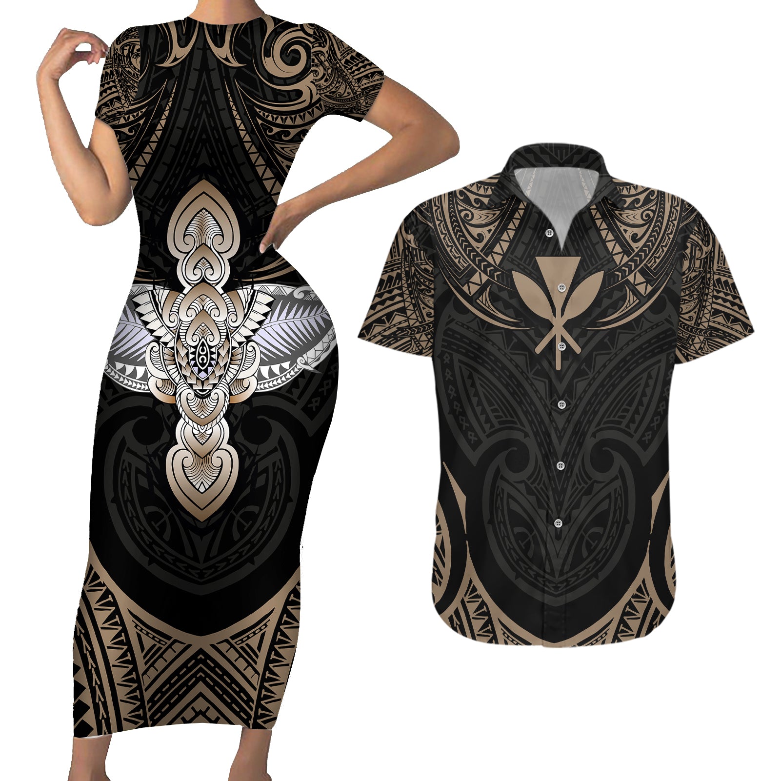 Polynesian Hawaii Tattoo Couples Matching Short Sleeve Bodycon Dress and Hawaiian Shirt - Wonder Print Shop