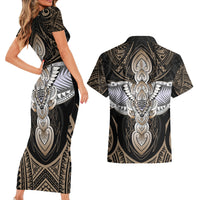 Polynesian Hawaii Tattoo Couples Matching Short Sleeve Bodycon Dress and Hawaiian Shirt - Wonder Print Shop