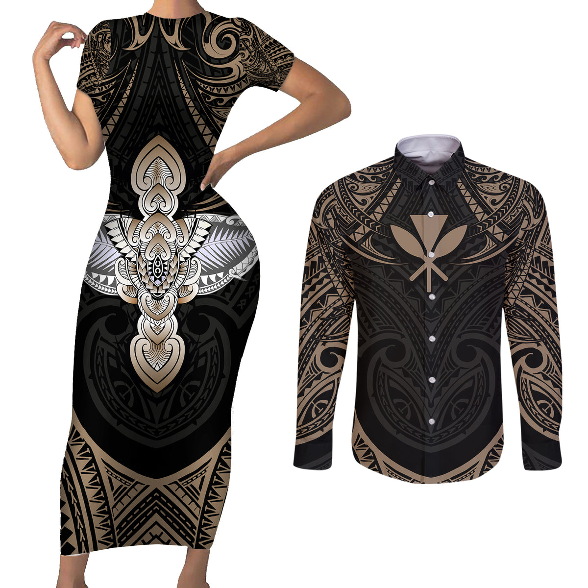 Polynesian Hawaii Tattoo Couples Matching Short Sleeve Bodycon Dress and Long Sleeve Button Shirts - Wonder Print Shop