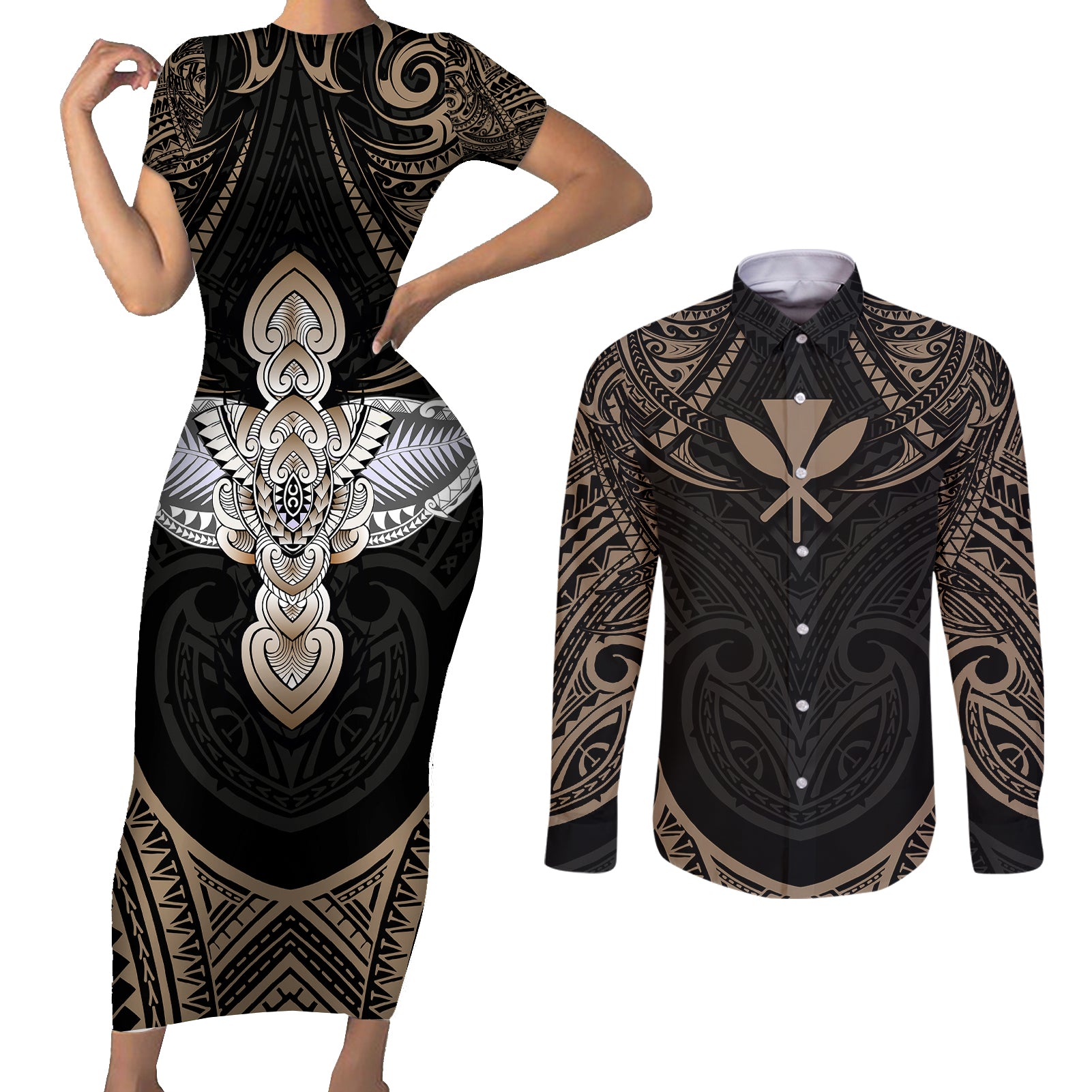 Polynesian Hawaii Tattoo Couples Matching Short Sleeve Bodycon Dress and Long Sleeve Button Shirts - Wonder Print Shop