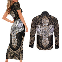 Polynesian Hawaii Tattoo Couples Matching Short Sleeve Bodycon Dress and Long Sleeve Button Shirts - Wonder Print Shop