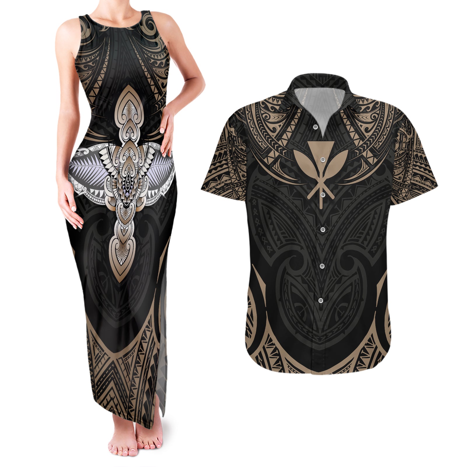 Polynesian Hawaii Tattoo Couples Matching Tank Maxi Dress and Hawaiian Shirt - Wonder Print Shop