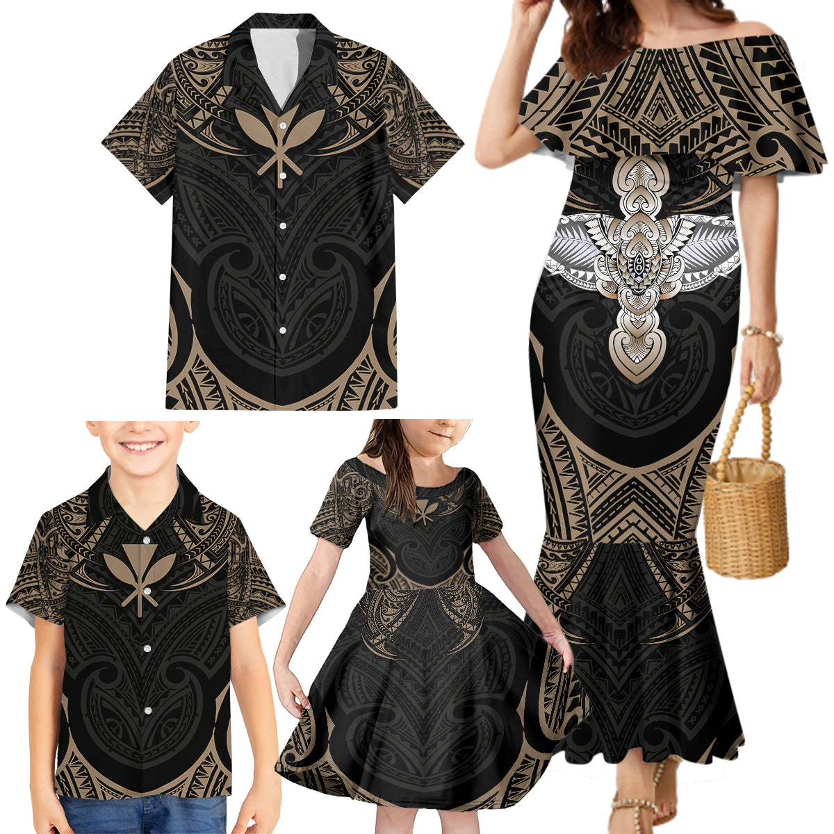 Polynesian Hawaii Tattoo Family Matching Mermaid Dress and Hawaiian Shirt - Wonder Print Shop