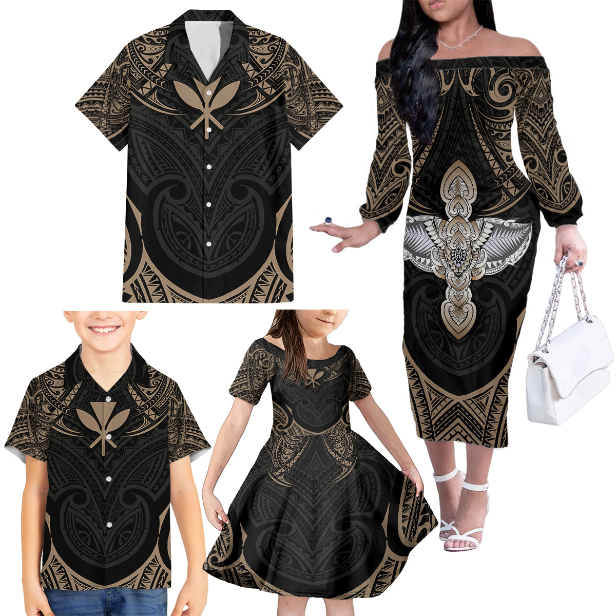 Polynesian Hawaii Tattoo Family Matching Off Shoulder Long Sleeve Dress and Hawaiian Shirt - Wonder Print Shop