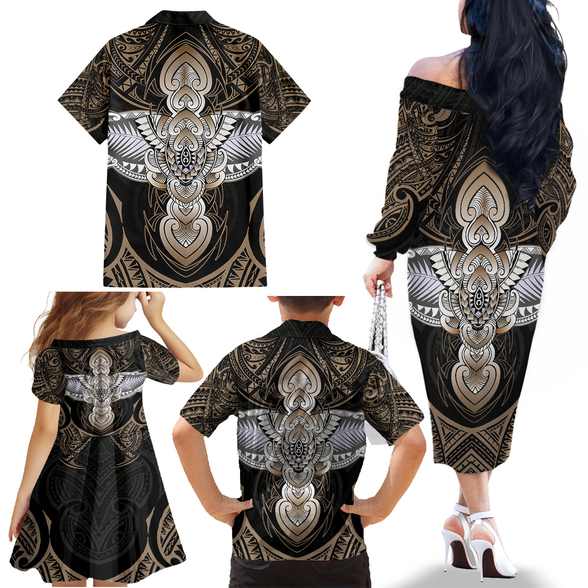 Polynesian Hawaii Tattoo Family Matching Off Shoulder Long Sleeve Dress and Hawaiian Shirt - Wonder Print Shop