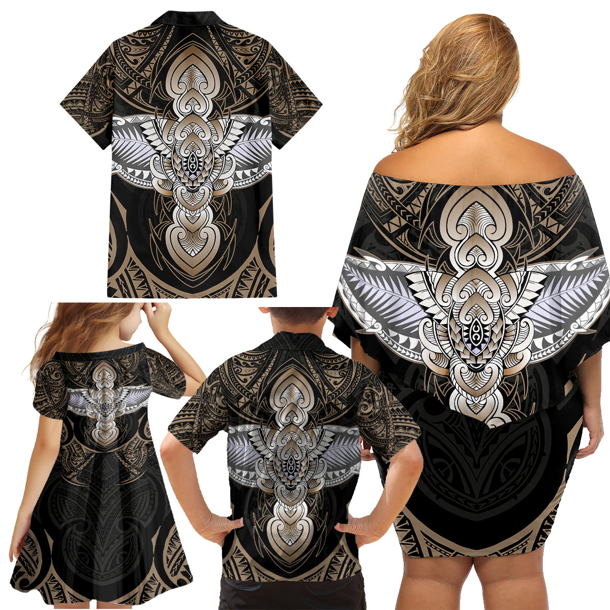 Polynesian Hawaii Tattoo Family Matching Off Shoulder Short Dress and Hawaiian Shirt - Wonder Print Shop
