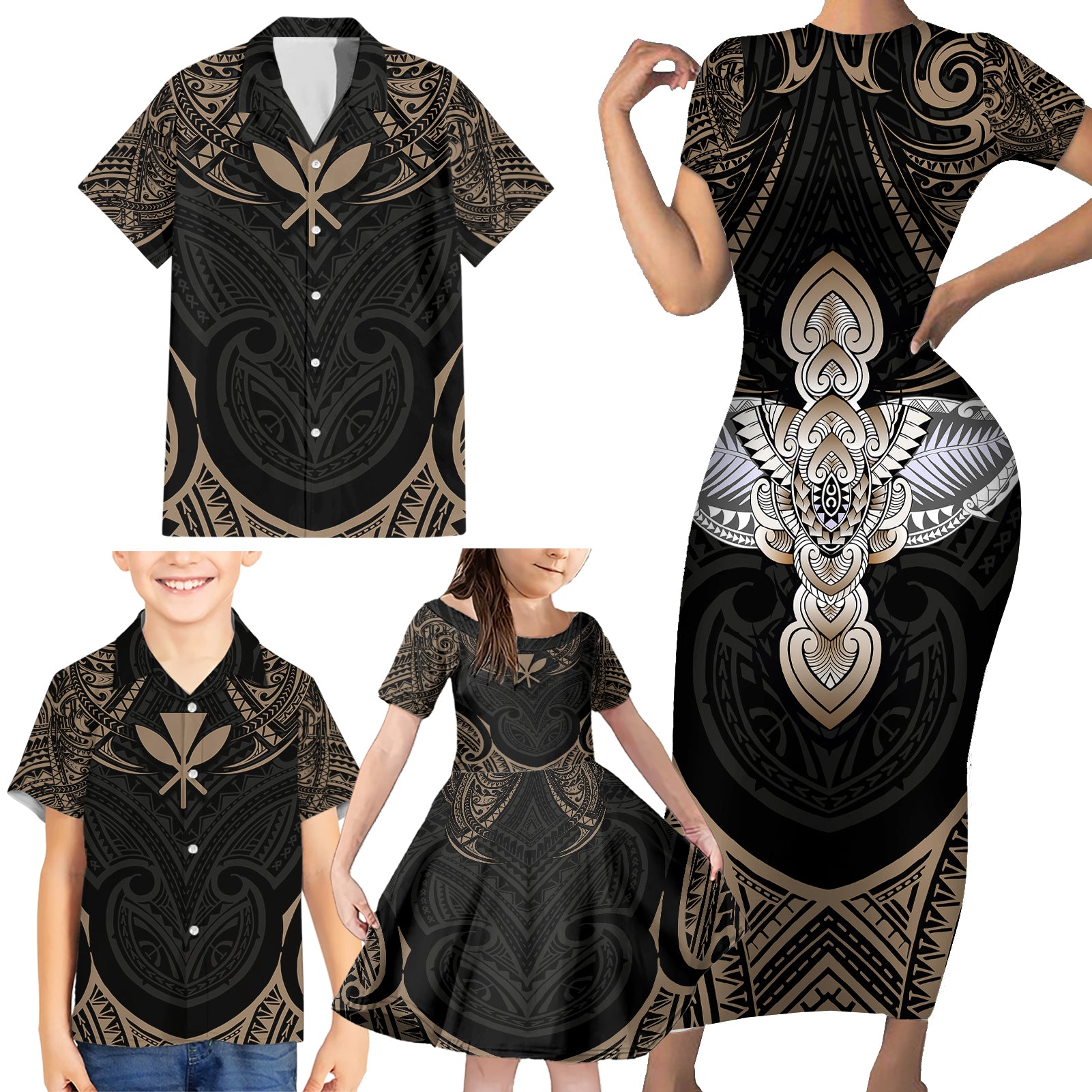 Polynesian Hawaii Tattoo Family Matching Short Sleeve Bodycon Dress and Hawaiian Shirt - Wonder Print Shop