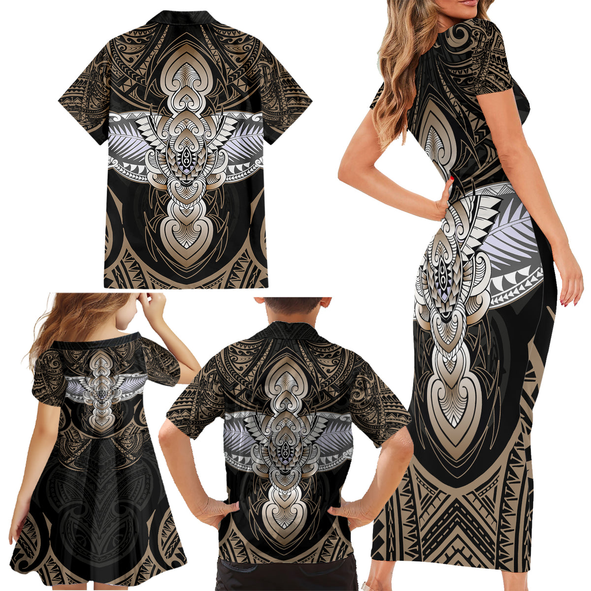 Polynesian Hawaii Tattoo Family Matching Short Sleeve Bodycon Dress and Hawaiian Shirt - Wonder Print Shop