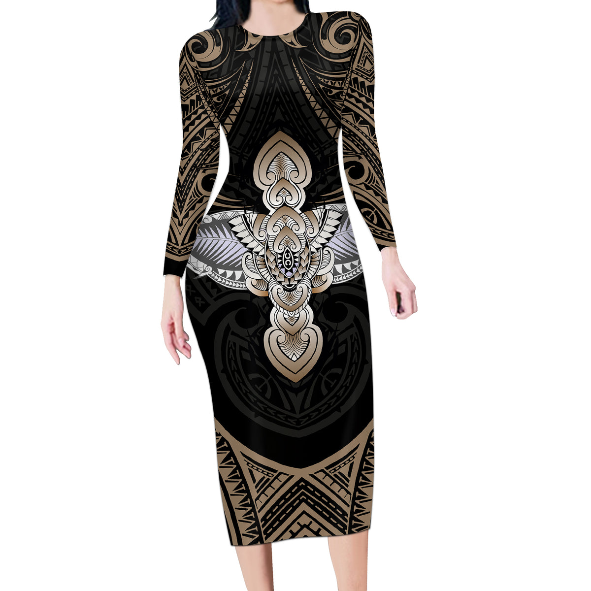 Polynesian Hawaii Tattoo Long Sleeve Bodycon Dress - Wonder Print Shop
