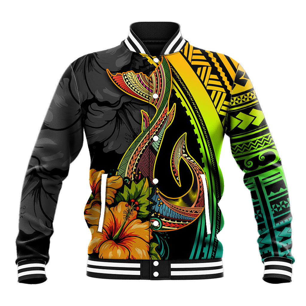 Hawaii Baseball Jacket Polynesian Fish Hook and Hibiscus Flowers with Gradient Pattern - Wonder Print Shop