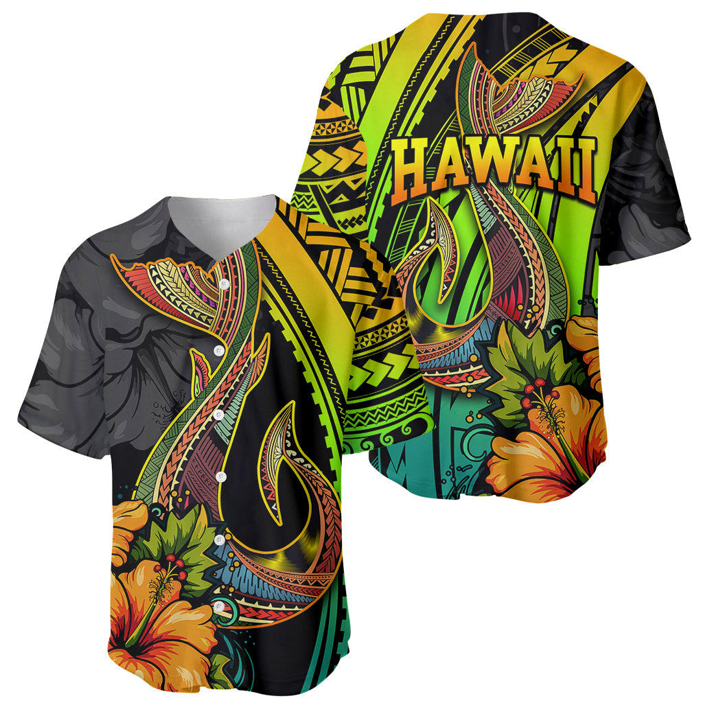 Hawaii Baseball Jersey Polynesian Fish Hook and Hibiscus Flowers with Gradient Pattern - Wonder Print Shop