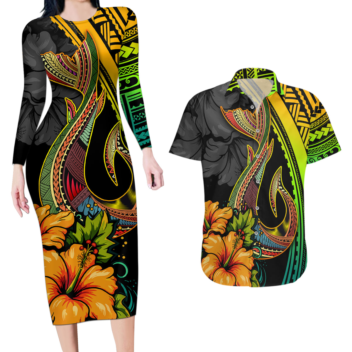 Hawaii Couples Matching Long Sleeve Bodycon Dress and Hawaiian Shirt Polynesian Fish Hook and Hibiscus Flowers with Gradient Pattern - Wonder Print Shop