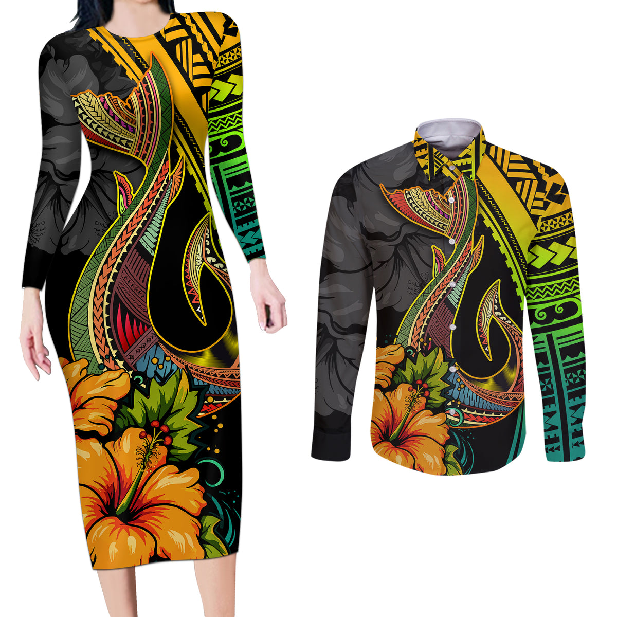 Hawaii Couples Matching Long Sleeve Bodycon Dress and Long Sleeve Button Shirts Polynesian Fish Hook and Hibiscus Flowers with Gradient Pattern - Wonder Print Shop