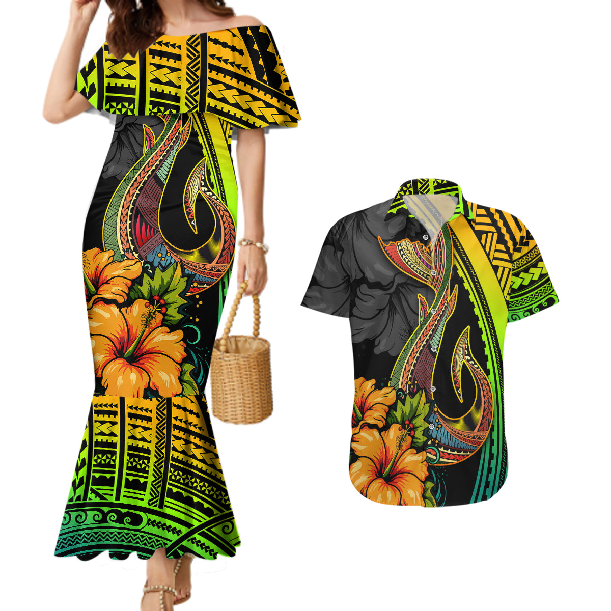 Hawaii Couples Matching Mermaid Dress and Hawaiian Shirt Polynesian Fish Hook and Hibiscus Flowers with Gradient Pattern - Wonder Print Shop