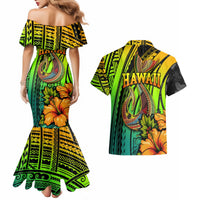 Hawaii Couples Matching Mermaid Dress and Hawaiian Shirt Polynesian Fish Hook and Hibiscus Flowers with Gradient Pattern - Wonder Print Shop