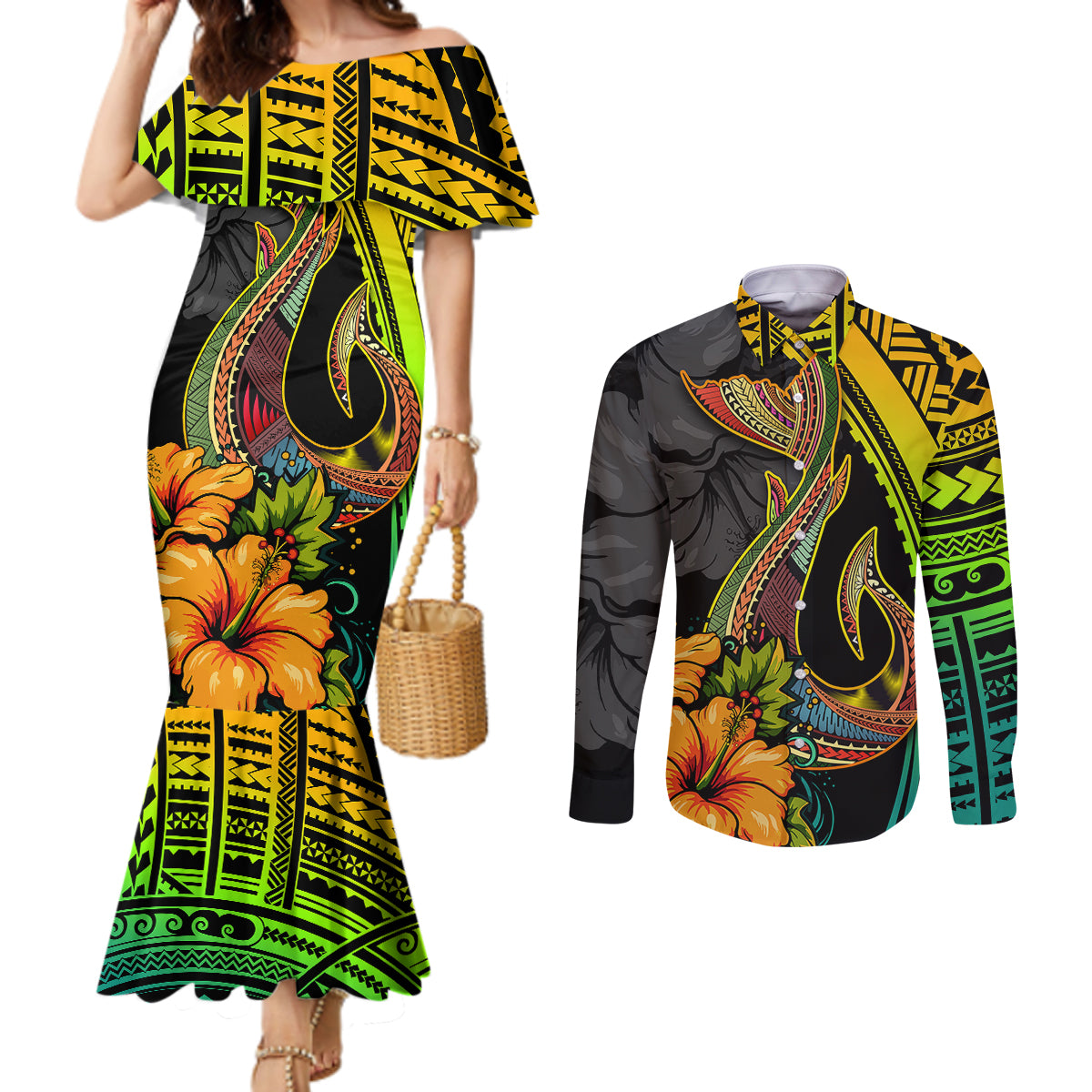 hawaii-couples-matching-mermaid-dress-and-long-sleeve-button-shirts-polynesian-fish-hook-and-hibiscus-flowers-with-gradient-pattern