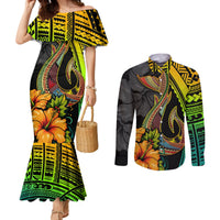 hawaii-couples-matching-mermaid-dress-and-long-sleeve-button-shirts-polynesian-fish-hook-and-hibiscus-flowers-with-gradient-pattern