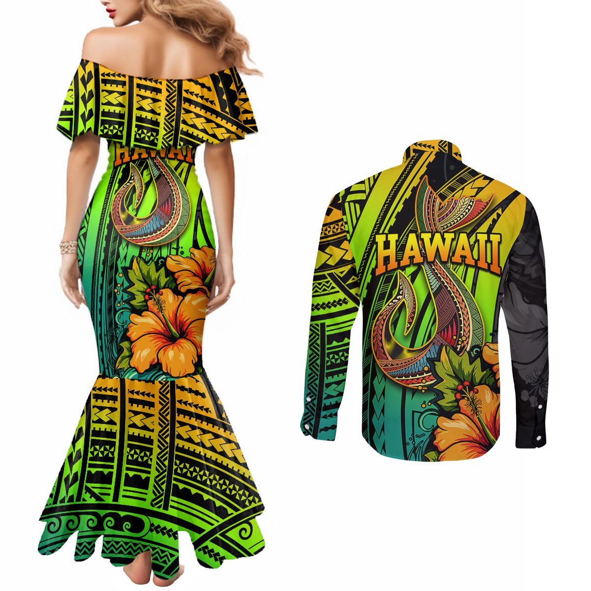 hawaii-couples-matching-mermaid-dress-and-long-sleeve-button-shirts-polynesian-fish-hook-and-hibiscus-flowers-with-gradient-pattern