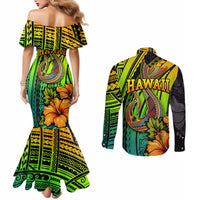 hawaii-couples-matching-mermaid-dress-and-long-sleeve-button-shirts-polynesian-fish-hook-and-hibiscus-flowers-with-gradient-pattern