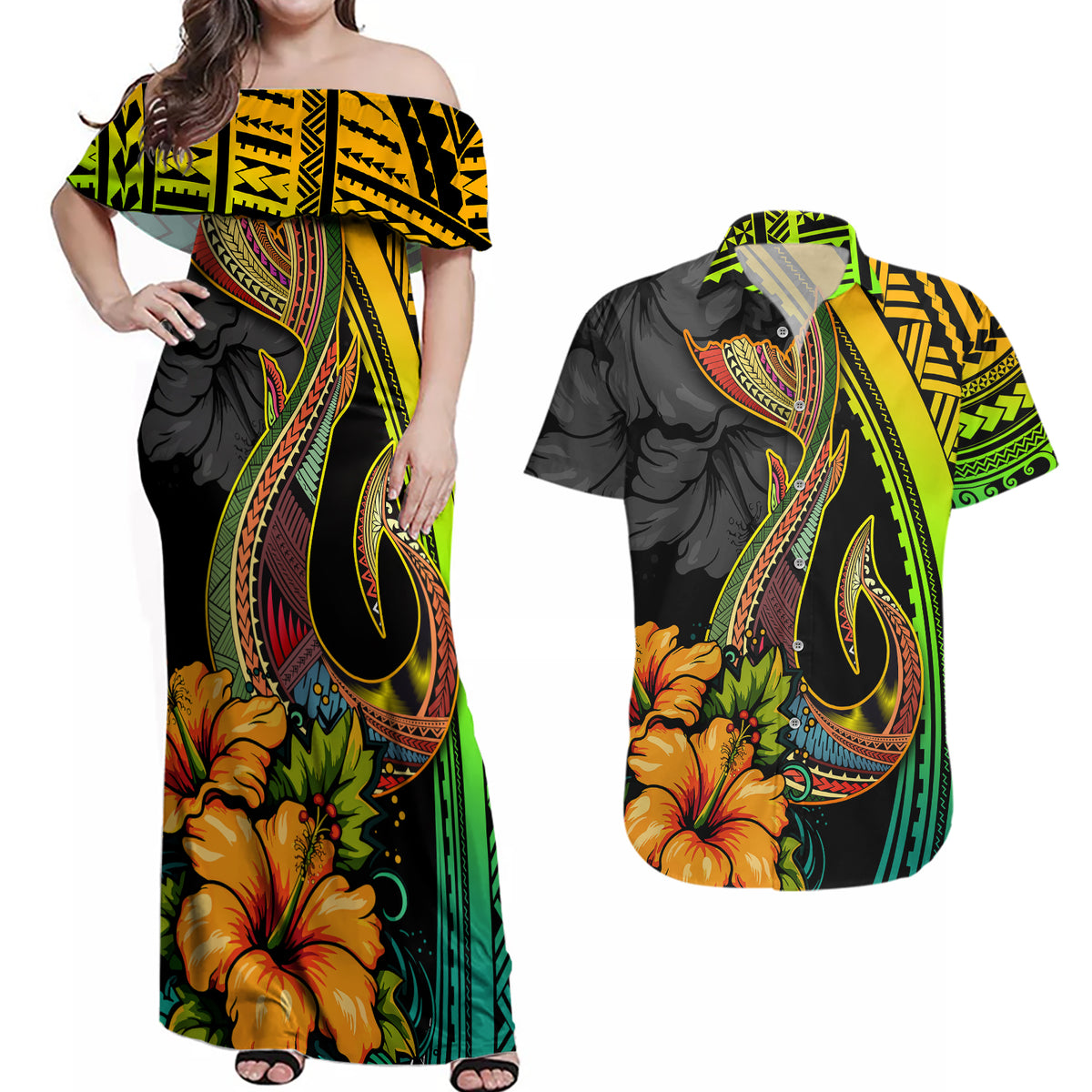 Hawaii Couples Matching Off Shoulder Maxi Dress and Hawaiian Shirt Polynesian Fish Hook and Hibiscus Flowers with Gradient Pattern - Wonder Print Shop