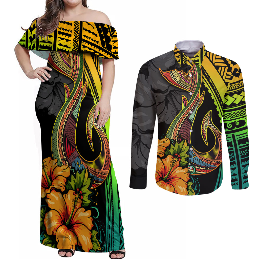 Hawaii Couples Matching Off Shoulder Maxi Dress and Long Sleeve Button Shirts Polynesian Fish Hook and Hibiscus Flowers with Gradient Pattern - Wonder Print Shop