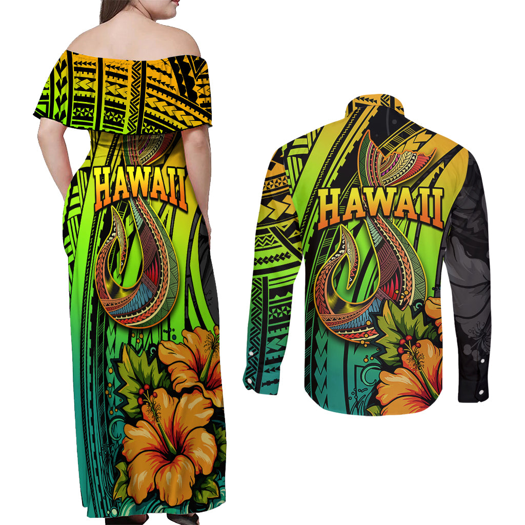 Hawaii Couples Matching Off Shoulder Maxi Dress and Long Sleeve Button Shirts Polynesian Fish Hook and Hibiscus Flowers with Gradient Pattern - Wonder Print Shop