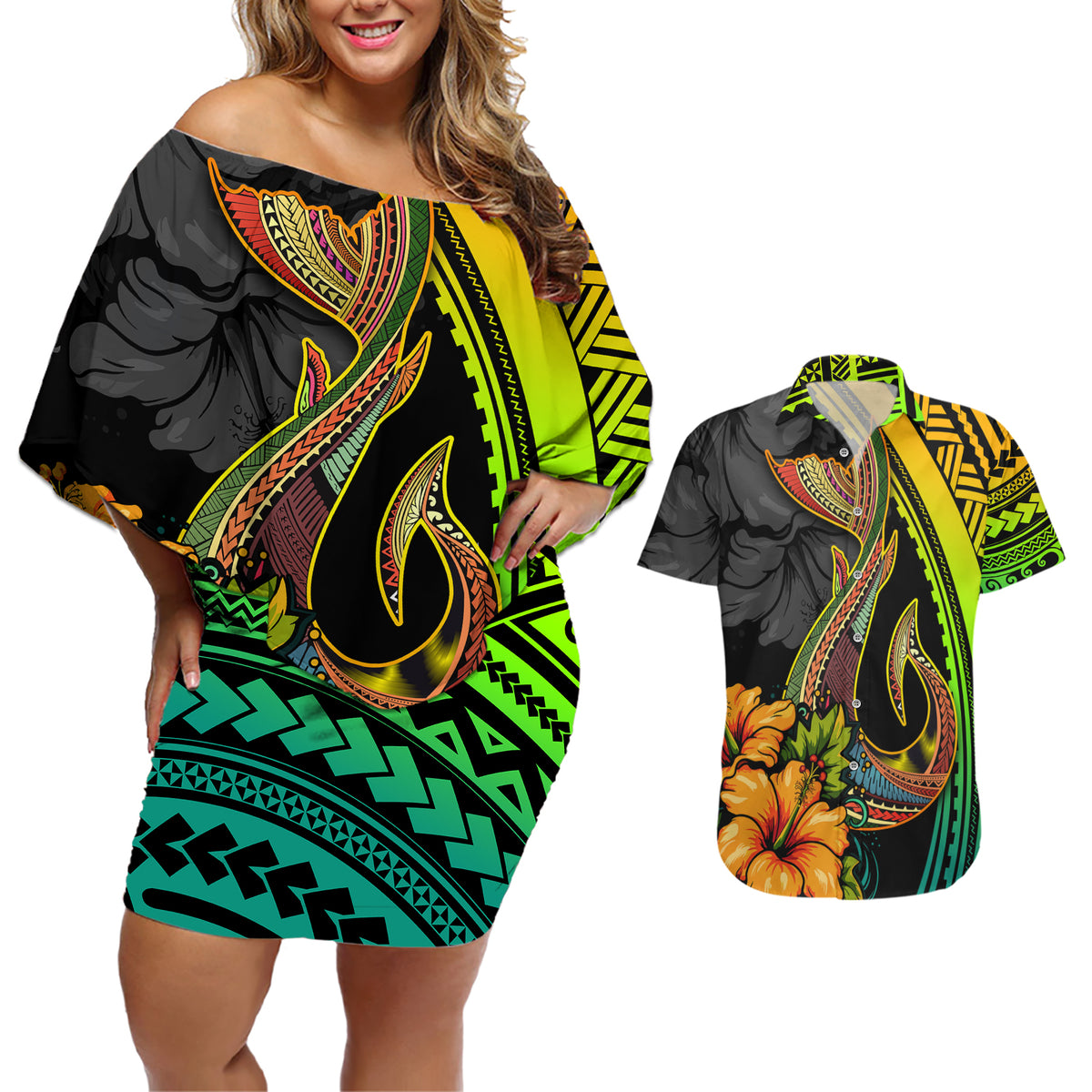 Hawaii Couples Matching Off Shoulder Short Dress and Hawaiian Shirt Polynesian Fish Hook and Hibiscus Flowers with Gradient Pattern - Wonder Print Shop