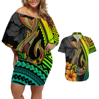 Hawaii Couples Matching Off Shoulder Short Dress and Hawaiian Shirt Polynesian Fish Hook and Hibiscus Flowers with Gradient Pattern - Wonder Print Shop