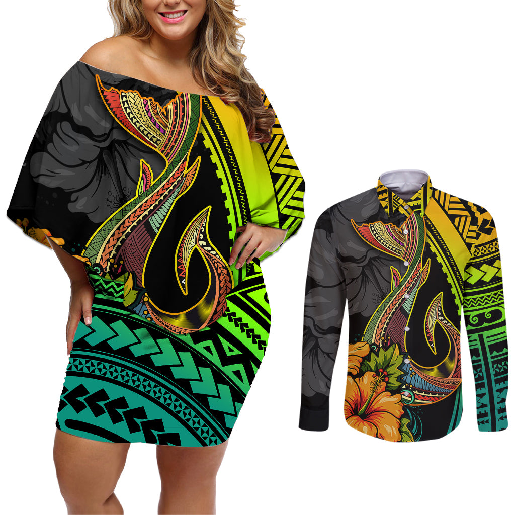 Hawaii Couples Matching Off Shoulder Short Dress and Long Sleeve Button Shirts Polynesian Fish Hook and Hibiscus Flowers with Gradient Pattern - Wonder Print Shop