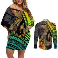 Hawaii Couples Matching Off Shoulder Short Dress and Long Sleeve Button Shirts Polynesian Fish Hook and Hibiscus Flowers with Gradient Pattern - Wonder Print Shop