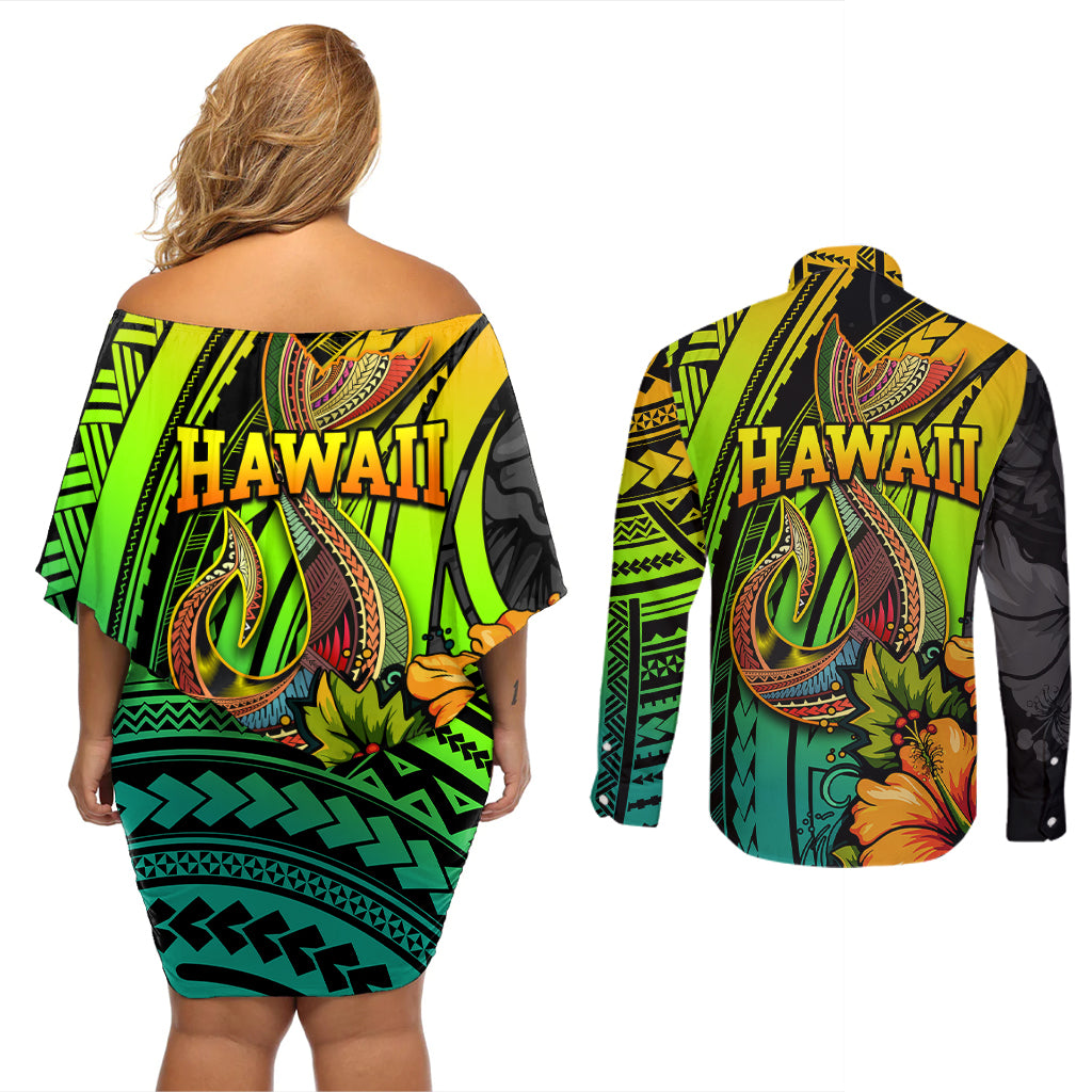 Hawaii Couples Matching Off Shoulder Short Dress and Long Sleeve Button Shirts Polynesian Fish Hook and Hibiscus Flowers with Gradient Pattern - Wonder Print Shop