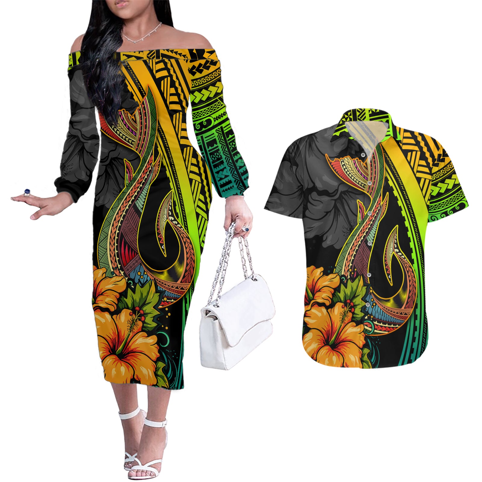 Hawaii Couples Matching Off The Shoulder Long Sleeve Dress and Hawaiian Shirt Polynesian Fish Hook and Hibiscus Flowers with Gradient Pattern - Wonder Print Shop