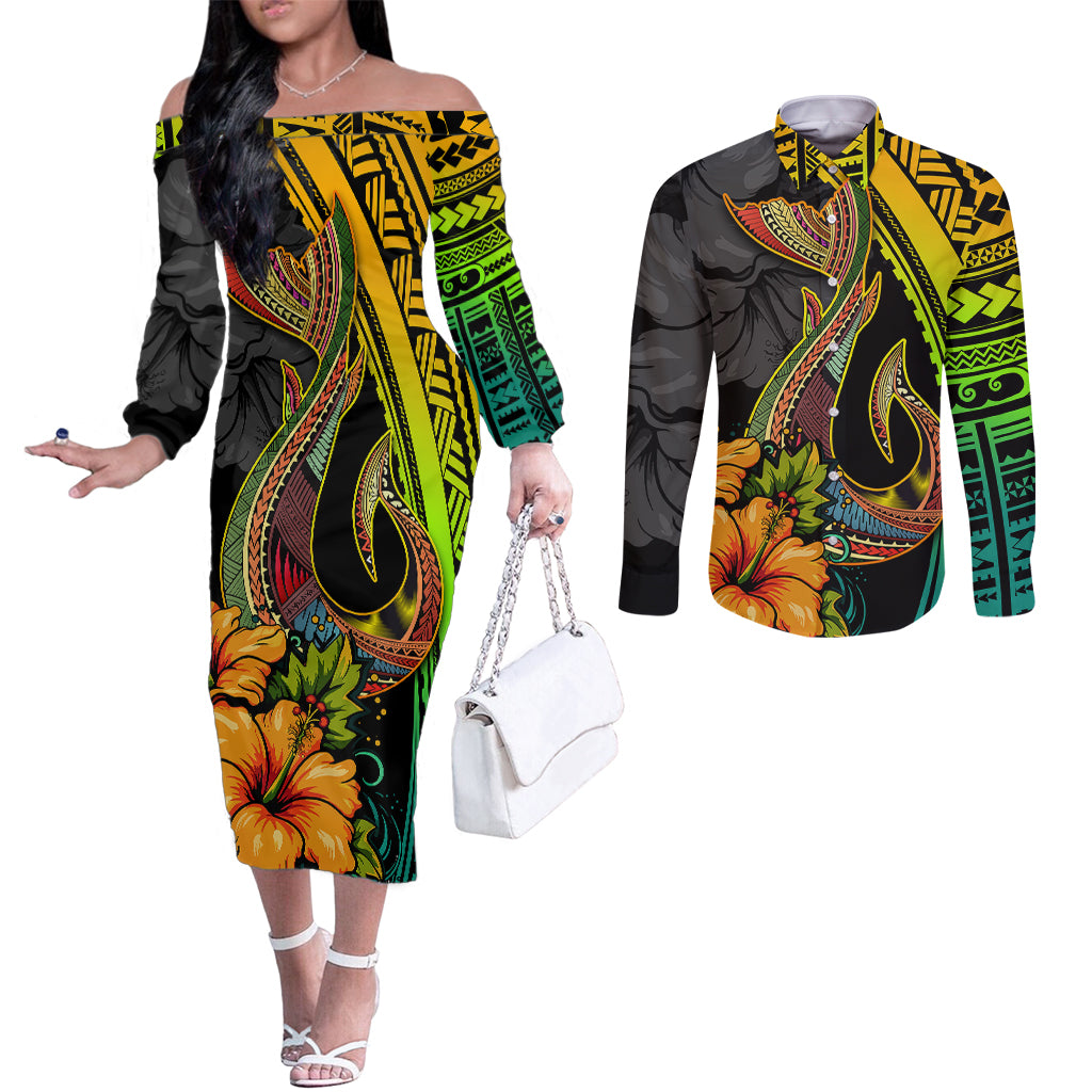 hawaii-couples-matching-off-the-shoulder-long-sleeve-dress-and-long-sleeve-button-shirts-polynesian-fish-hook-and-hibiscus-flowers-with-gradient-pattern