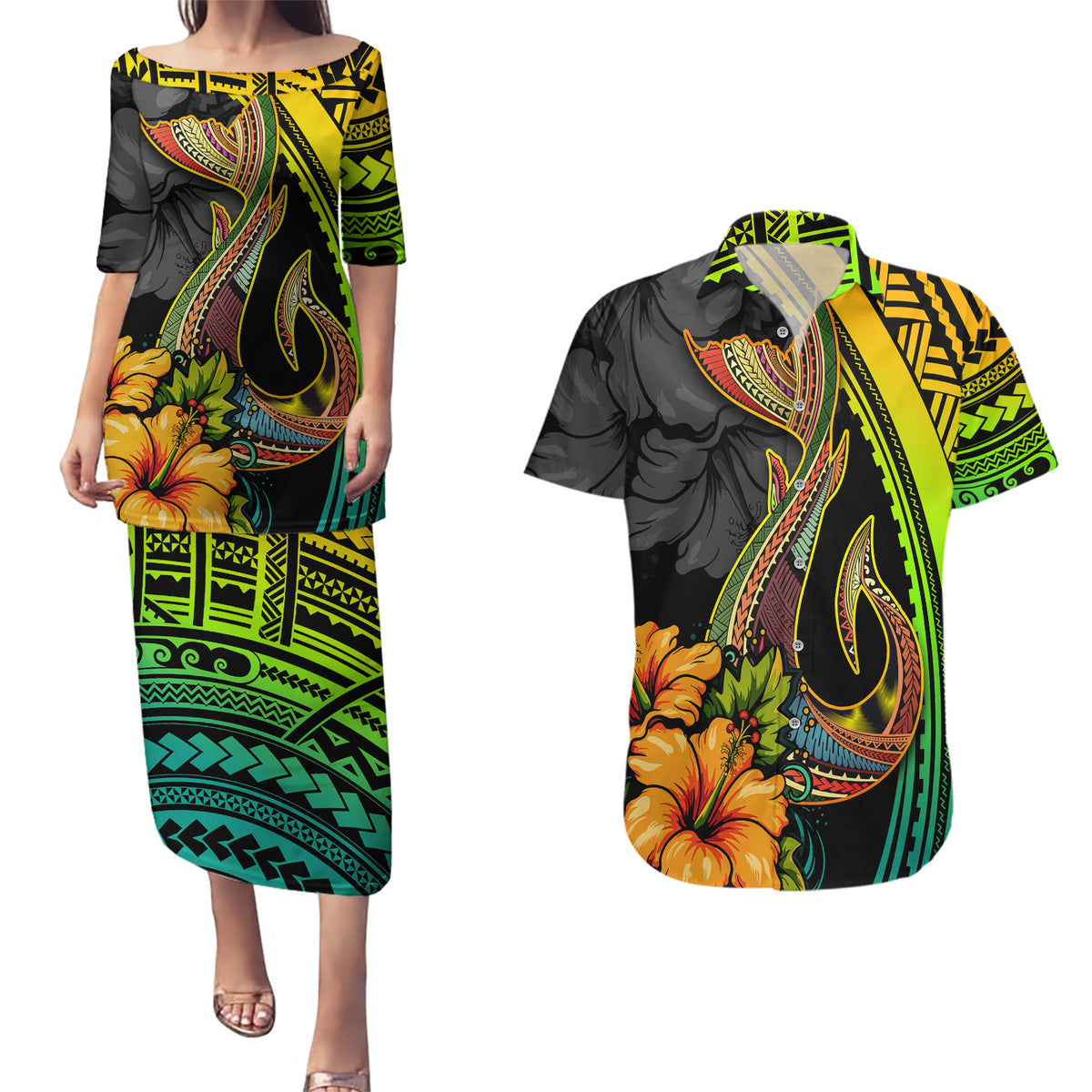 Hawaii Couples Matching Puletasi Dress and Hawaiian Shirt Polynesian Fish Hook and Hibiscus Flowers with Gradient Pattern - Wonder Print Shop