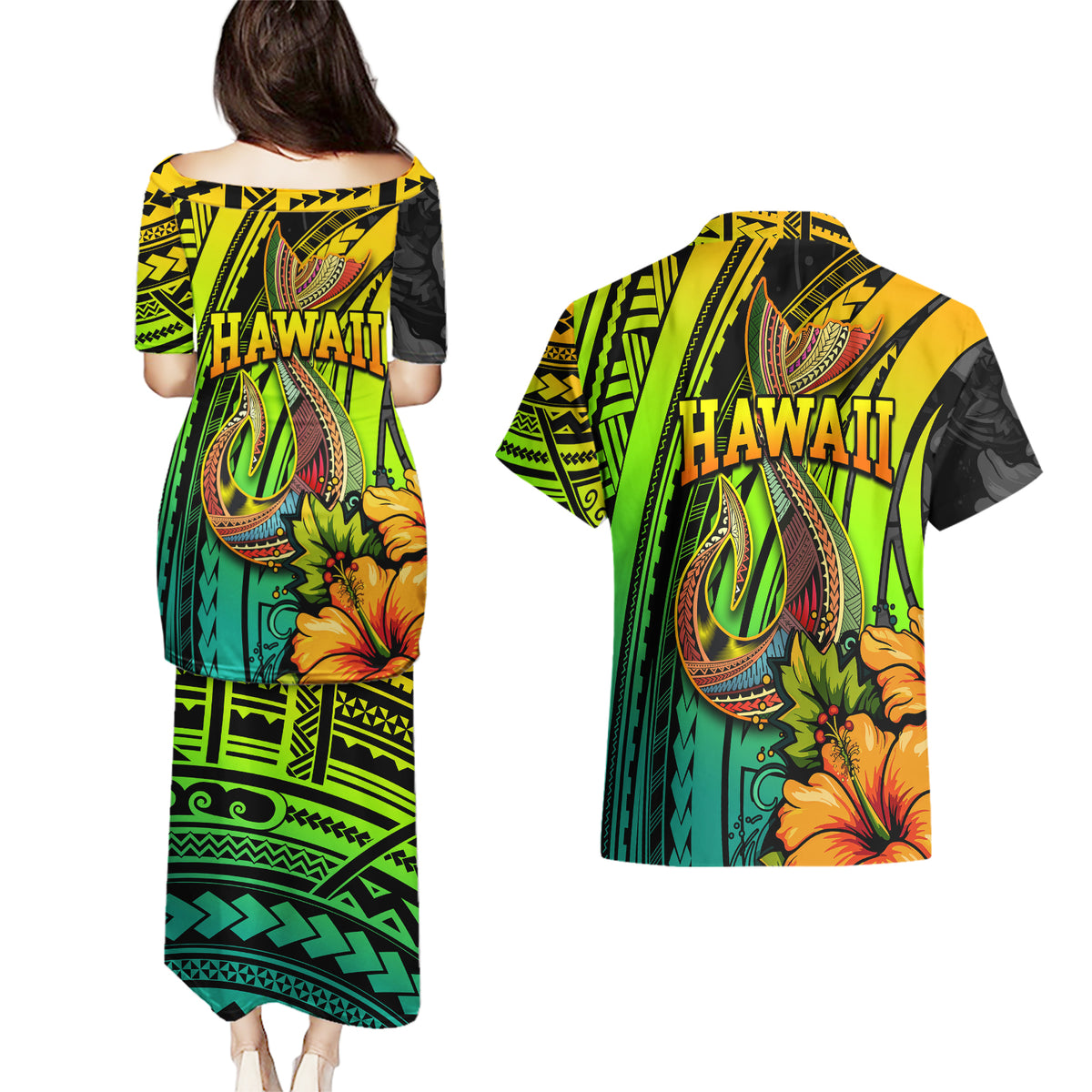 Hawaii Couples Matching Puletasi Dress and Hawaiian Shirt Polynesian Fish Hook and Hibiscus Flowers with Gradient Pattern - Wonder Print Shop