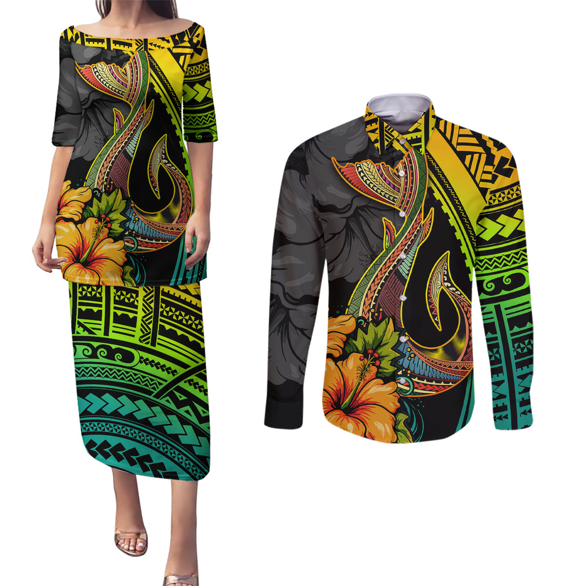 Hawaii Couples Matching Puletasi Dress and Long Sleeve Button Shirts Polynesian Fish Hook and Hibiscus Flowers with Gradient Pattern - Wonder Print Shop