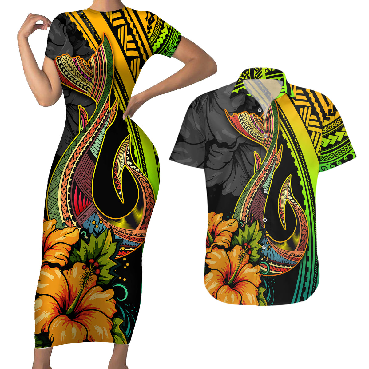 Hawaii Couples Matching Short Sleeve Bodycon Dress and Hawaiian Shirt Polynesian Fish Hook and Hibiscus Flowers with Gradient Pattern - Wonder Print Shop