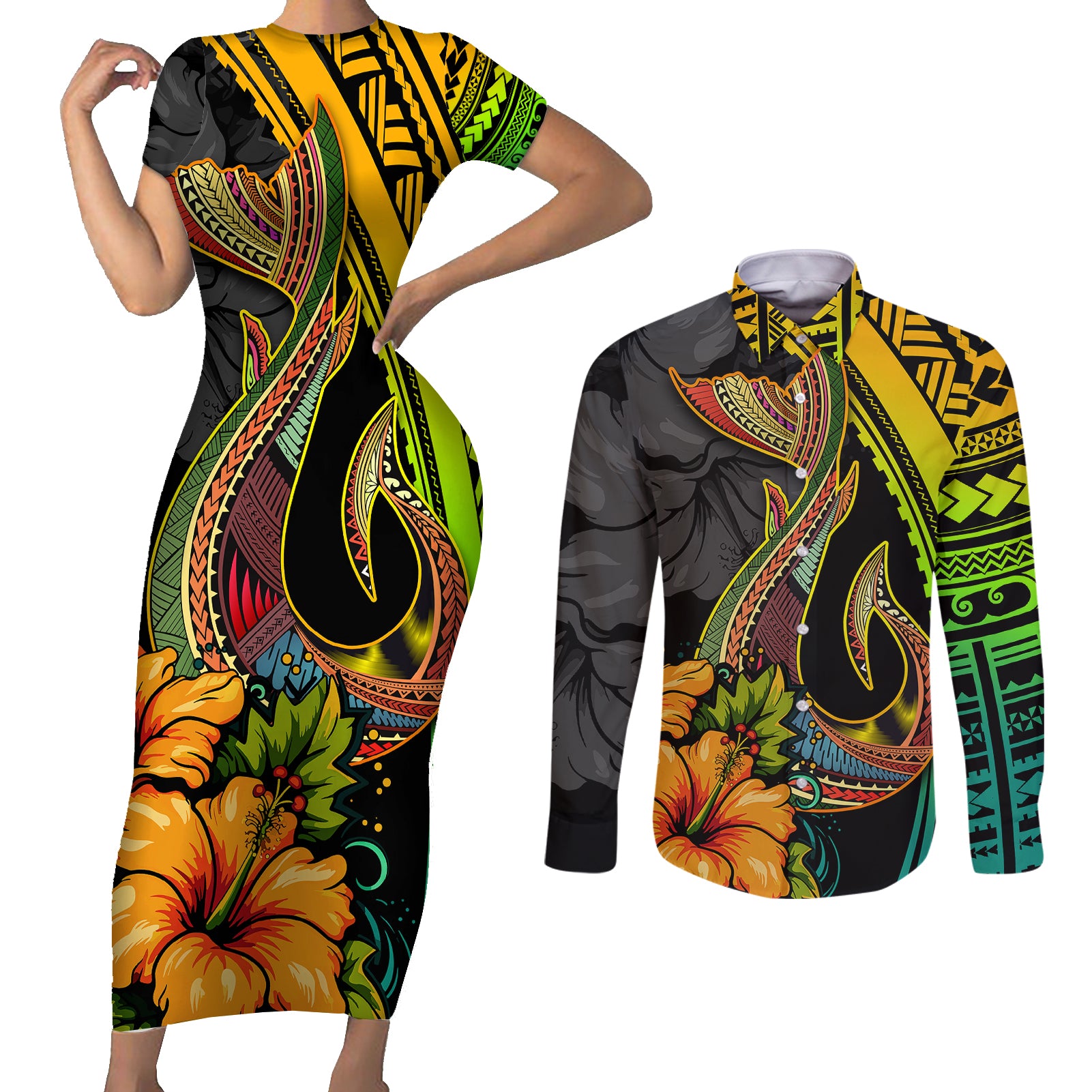 Hawaii Couples Matching Short Sleeve Bodycon Dress and Long Sleeve Button Shirts Polynesian Fish Hook and Hibiscus Flowers with Gradient Pattern - Wonder Print Shop