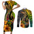 Hawaii Couples Matching Short Sleeve Bodycon Dress and Long Sleeve Button Shirts Polynesian Fish Hook and Hibiscus Flowers with Gradient Pattern - Wonder Print Shop