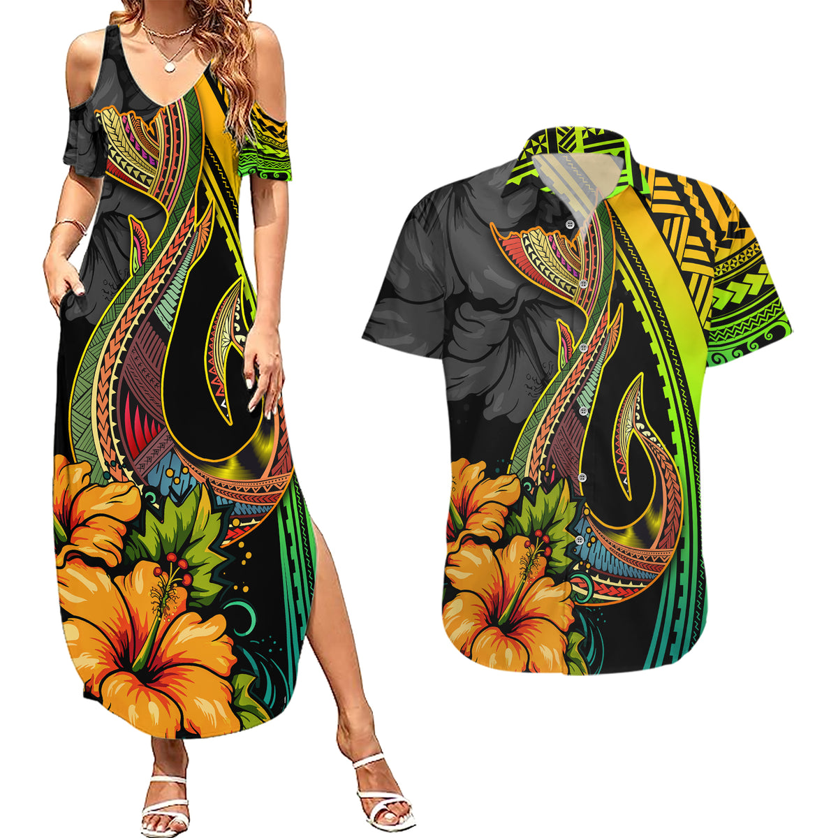 Hawaii Couples Matching Summer Maxi Dress and Hawaiian Shirt Polynesian Fish Hook and Hibiscus Flowers with Gradient Pattern - Wonder Print Shop
