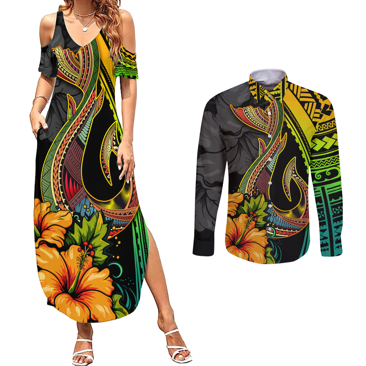 Hawaii Couples Matching Summer Maxi Dress and Long Sleeve Button Shirts Polynesian Fish Hook and Hibiscus Flowers with Gradient Pattern - Wonder Print Shop